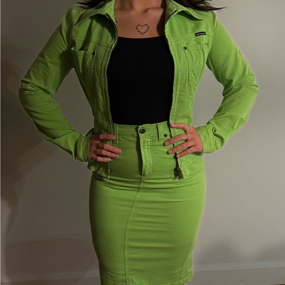 Lime Green Denim Jacket and Skirt Set